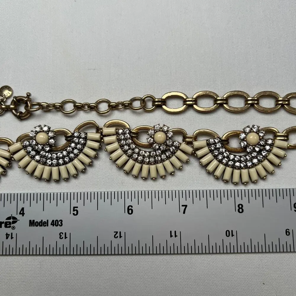 J. Crew‎ Fan Flower Statement Bib Necklace White Ivory Rhinestones Goldtone